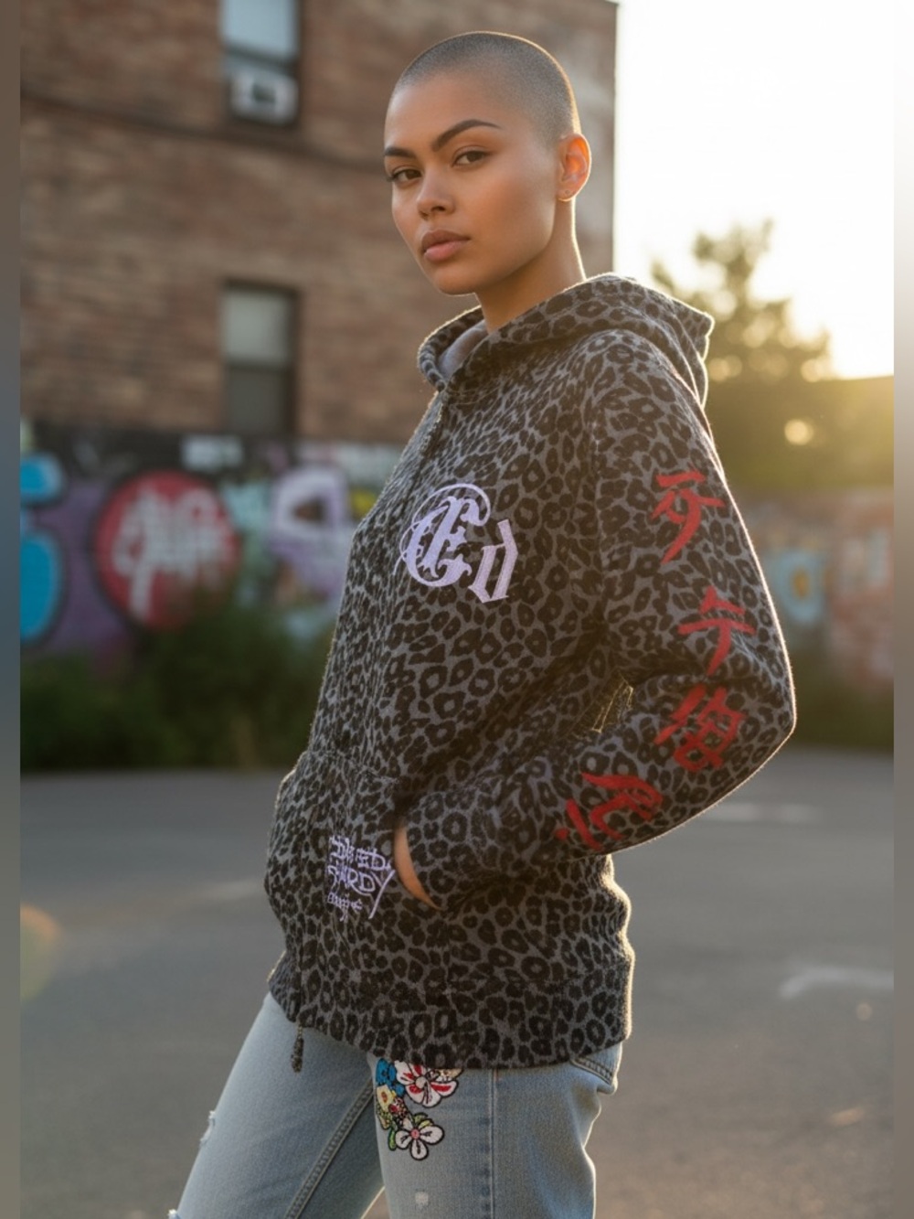 Ed Hardy Leopard Hoodie Skull Zip Rhinestone Tiger Y2K M